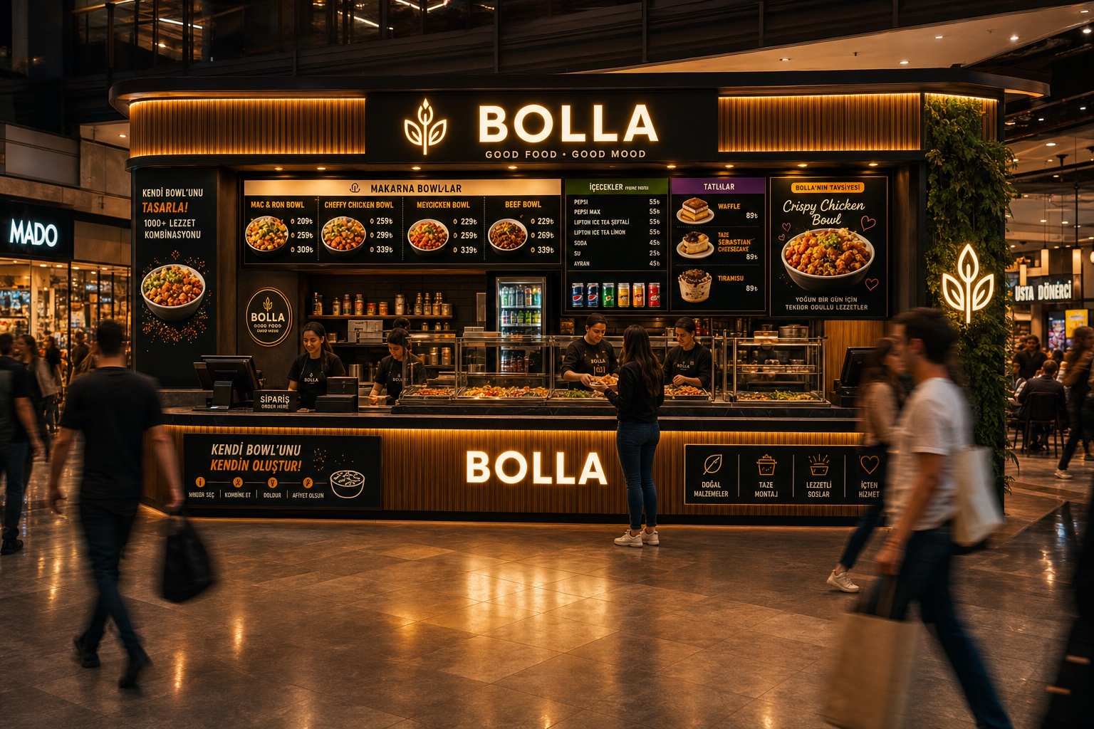 BOLLA AVM şubesi — yoğun food court'ta ışıklı BOLLA kiosk'u